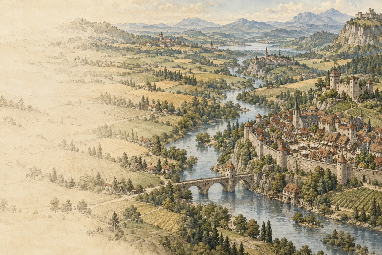 An illustrated panorama of a medieval World, with river towns, fields and castles.