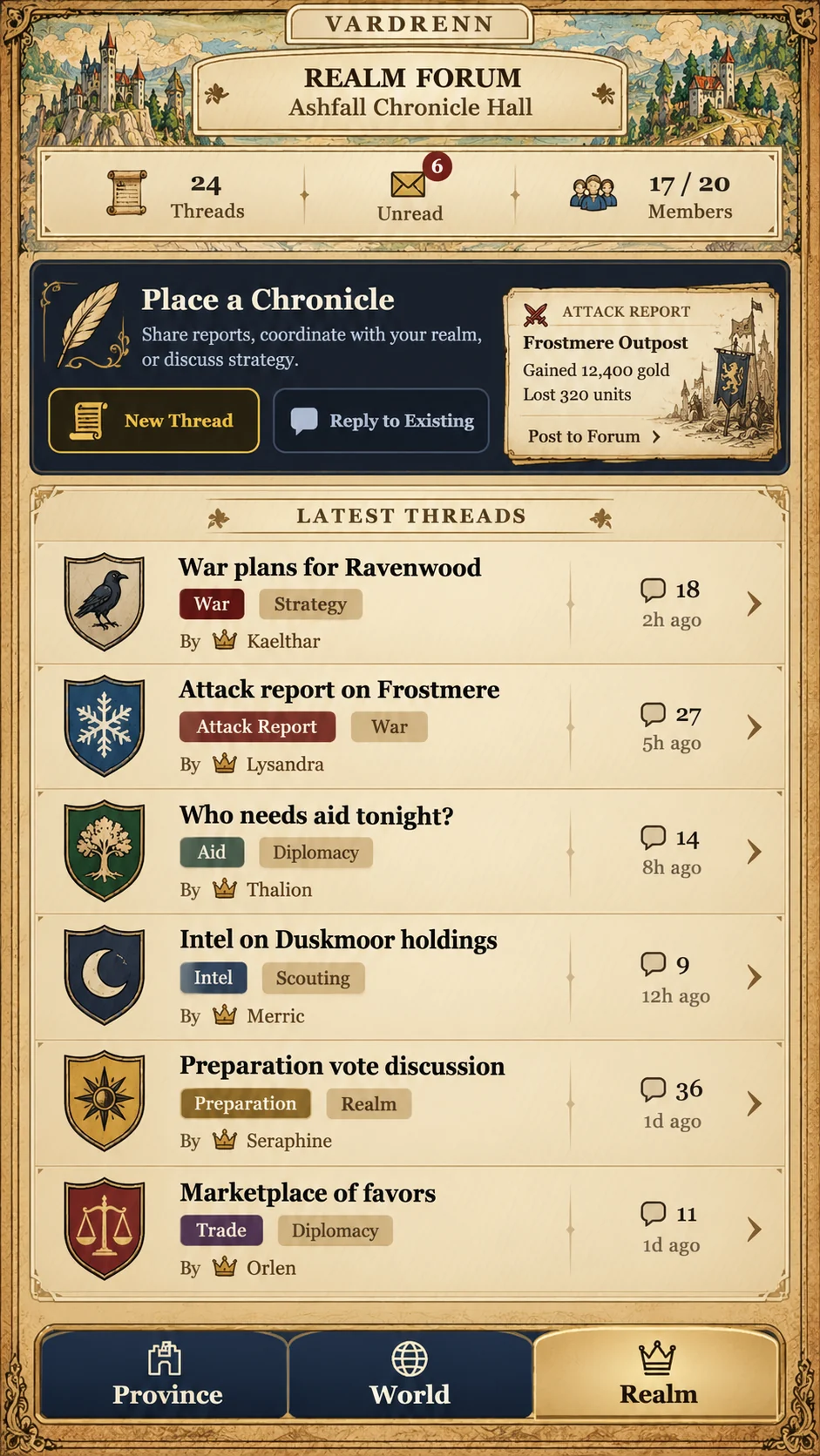 Realm forum design with shared war plans, aid requests and intelligence reports.