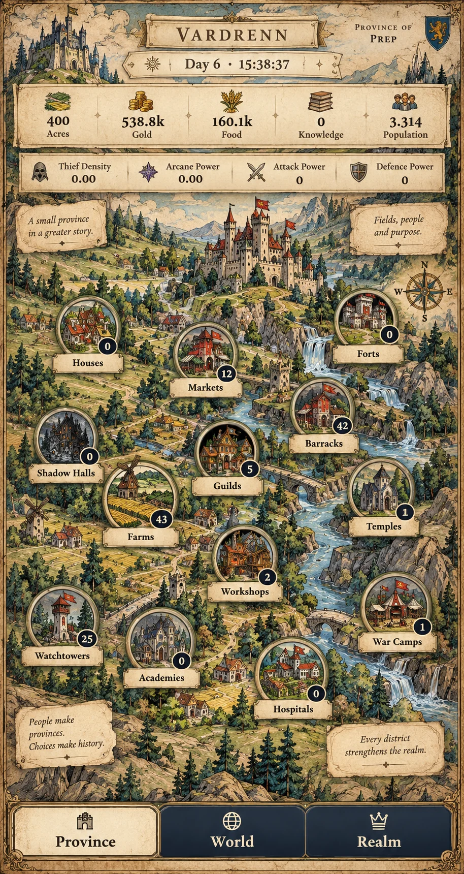 Province design preview showing an illustrated valley and its thirteen districts.