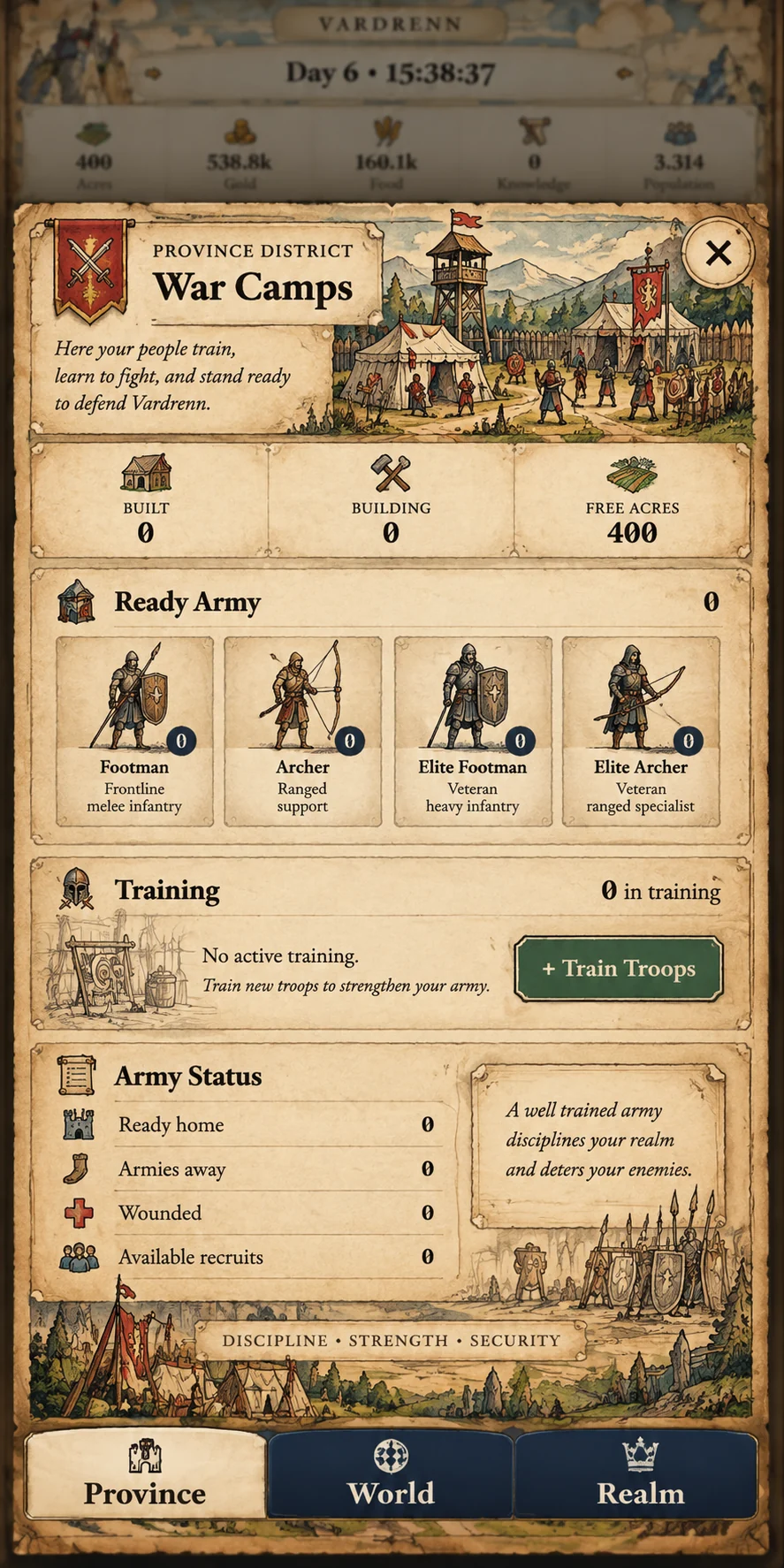 War Camps design preview showing soldiers, training and army readiness.