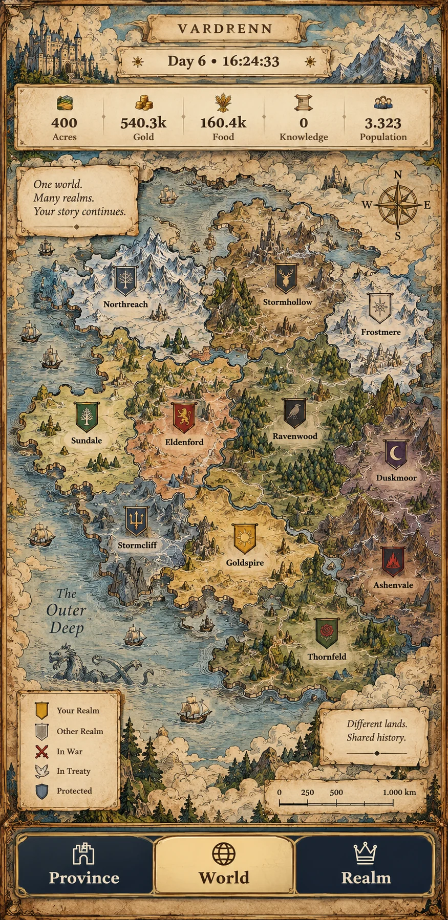 Illustrated World map of mountain passes, seas, forests and neighbouring Realms.