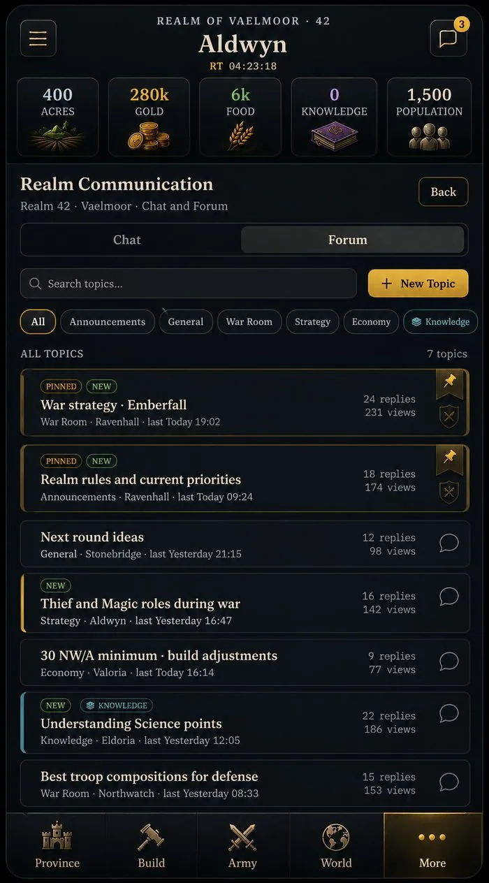 Vardrenn Realm forum showing strategy discussion threads